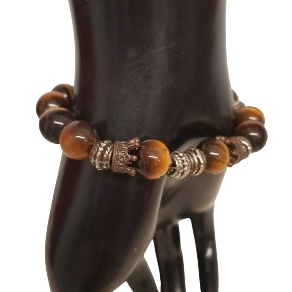 VINTAGE GENUINE TIGERS EYE GEMSTONE & CRYSTAL BEAD STRETCH BRACELET - Picture 3 of 6